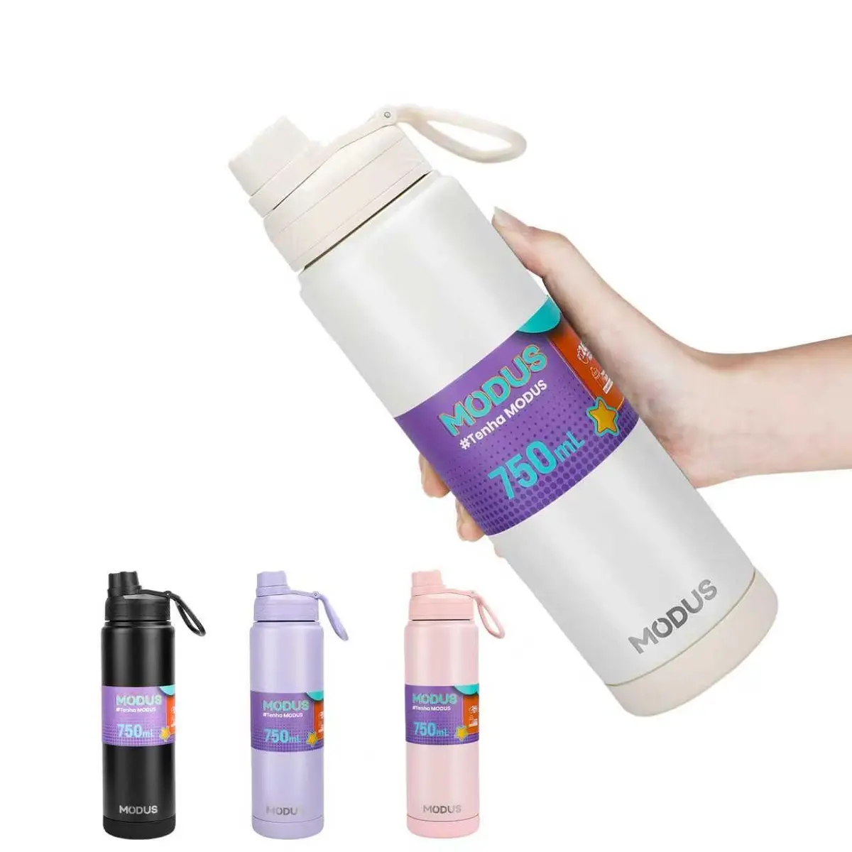 Garrafa Térmica De Aço Inox De Água A Vácuo 750ml com Adesivos | Branco