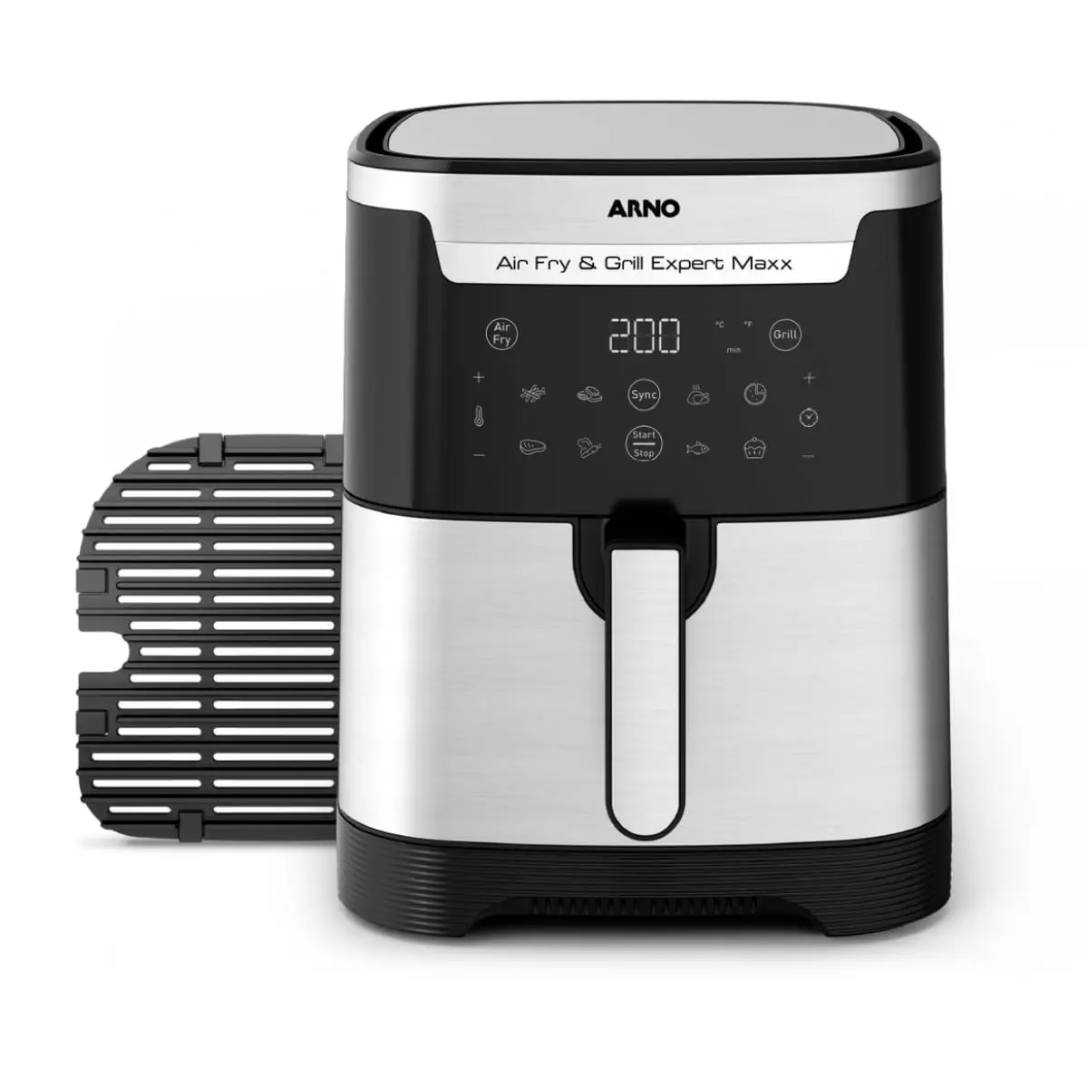 Fritadeira sem Óleo e Grill Arno Airfry & Grill Expert Maxx Digital 6,5L AFD6, 1680W, Inox e Preta, 8 Programas, Divisória e Função SYNC, 2 em 1 para Fritar e Grelhar, 110V - 1