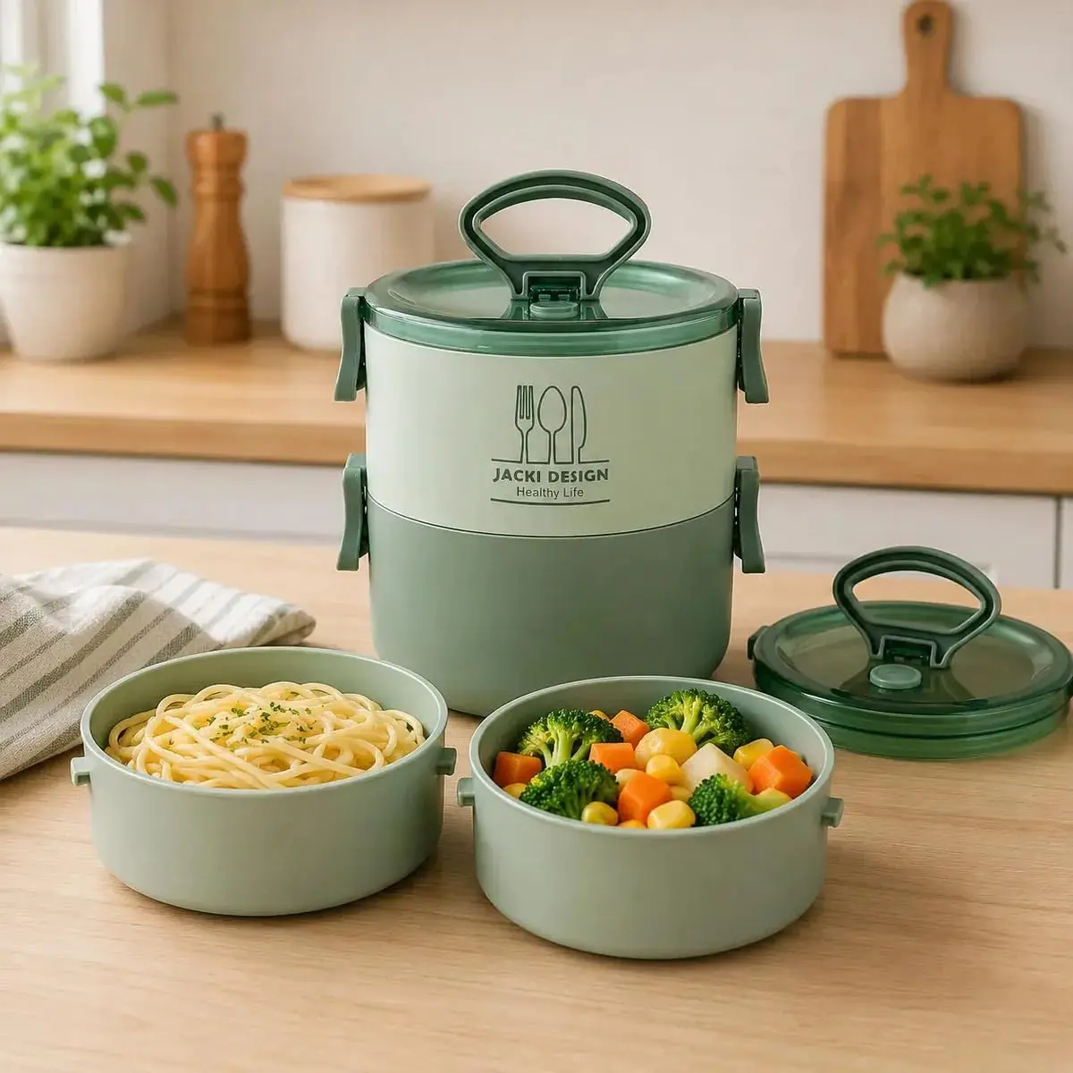 Marmita 2 Compartimentos Redonda 1600ml Adulto Armazena Alimentos Para Viagem Almoço (Verde) - 1