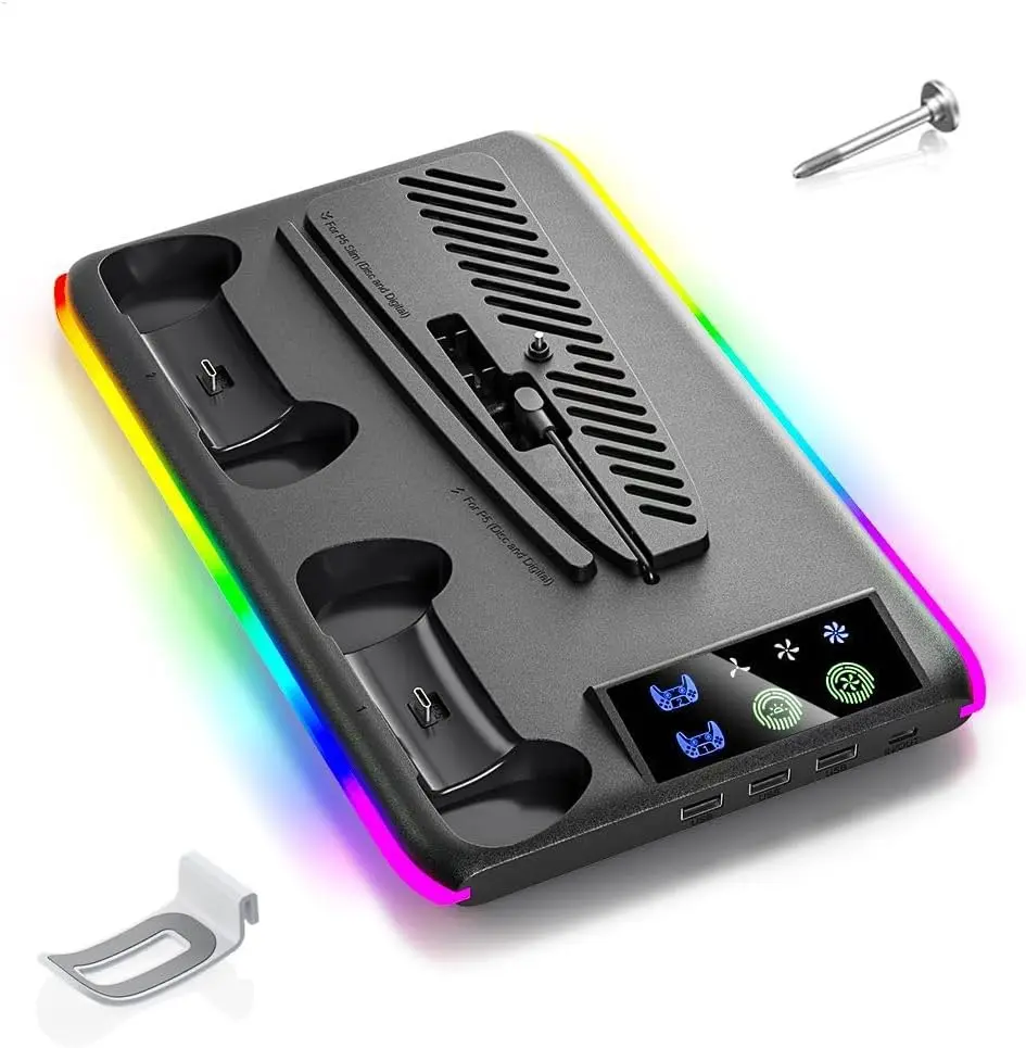 MYBEEM Base de Carregamento PS5, Slim, Pro 6 em 1 para Gamers, Suporte PS5 Vertical, Carregador Controle PS5 Duplo, Cooler PS5 com LED, Gancho para Headset paraSetup Gamer e Sala de Jogos