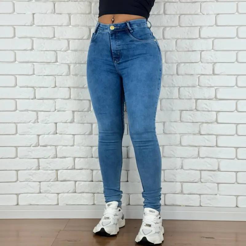 calça jeans feminina marmorizada com Lycra empina bumbum - 1