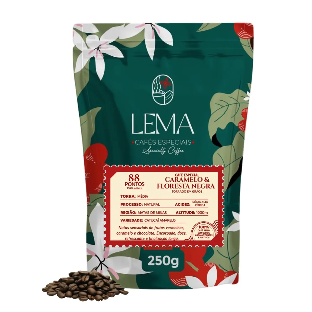 Lema Café Especial | Caramelo e Floresta Negra | Café em Grãos | 100% Arábica | 88 Pontos | Torra Média | Notas de Frutas Vermelhas, Chocolate, Mel e Caramelo | 250g