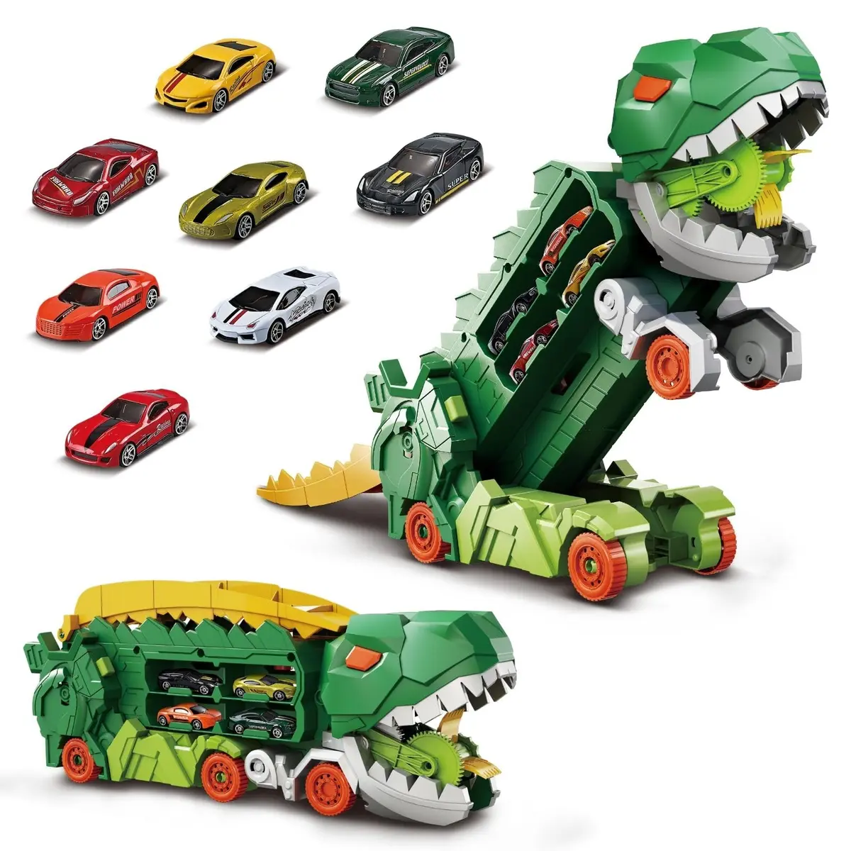 Caminhão Transportador Dinossauro T-Rex: Brinquedo Infantil com Pista de Corrida e Carrinhos (Verde) - 1