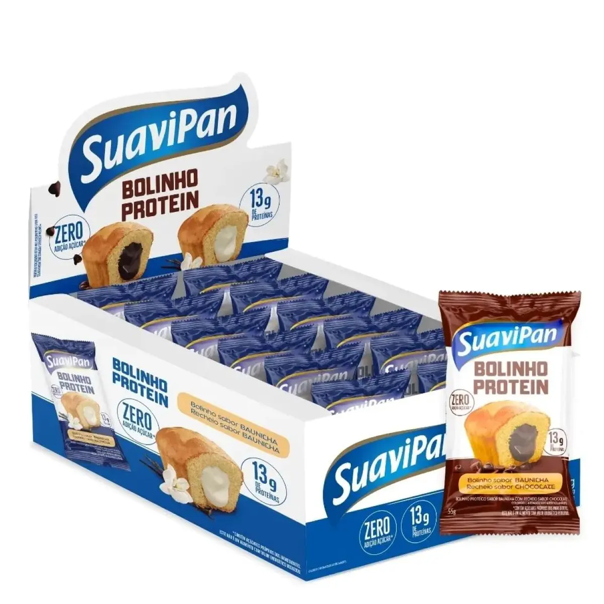 Bolinho Proteico SuaviPan, Zero Açúcar, 55g, Pack com 12 Unidades | Sabor Baunilha com Recheio de Chocolate