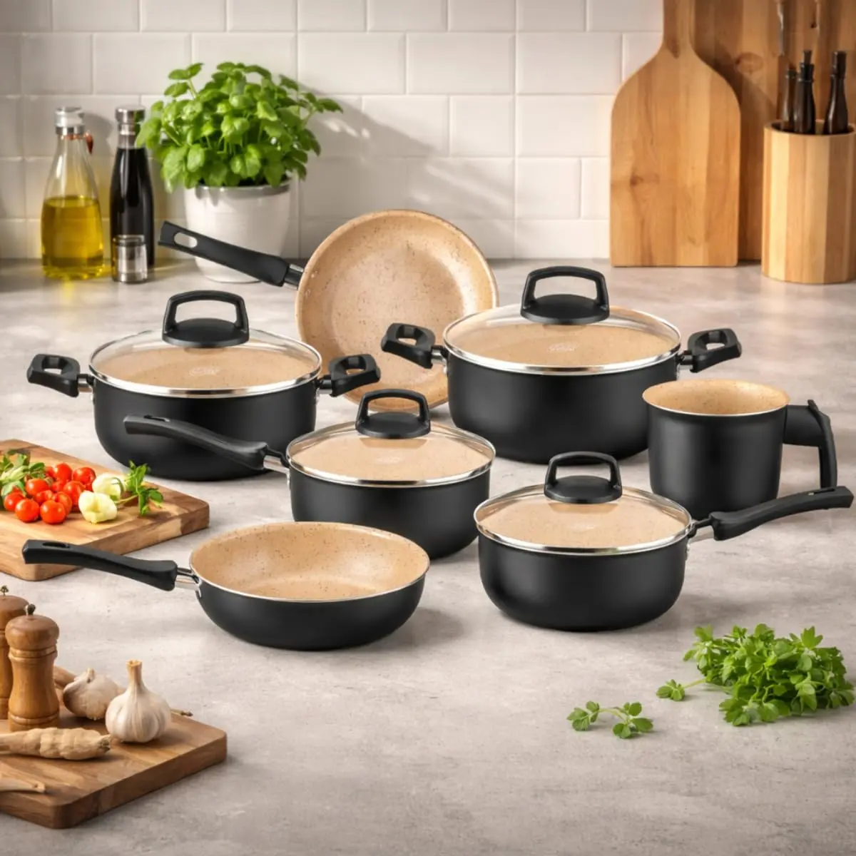 Conjunto de 7 Panelas Antiaderente com Tampas de Vidro – Cabos Antitérmicos | Cores: Preto/Bege, Cereja ou Grafite | Aquecimento Uniforme, Limpa Fácil (Preto/Beje)