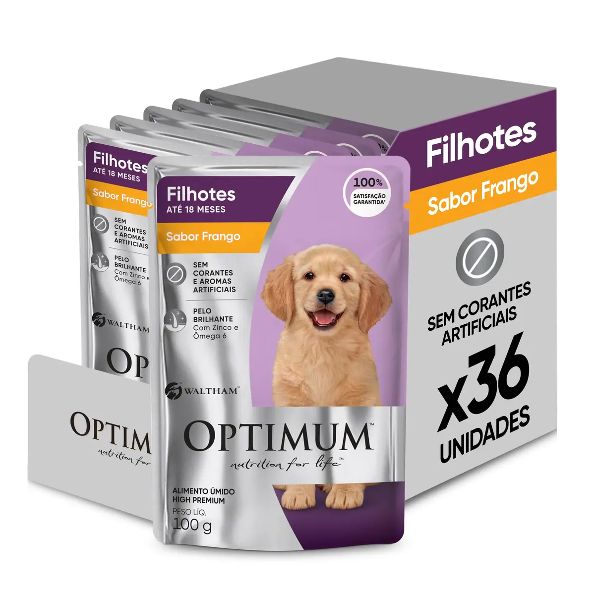 Pack Ração Úmida Optimum Sachê para Cães Filhotes Frango 100 g - 36 unidadaes