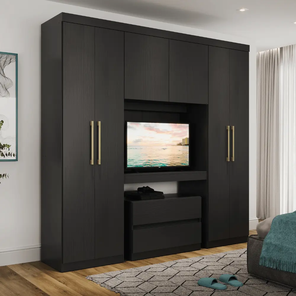 Guarda Roupa Casal 6 Portas 2 Gavetas Porto Preto com Painel de TV - 1