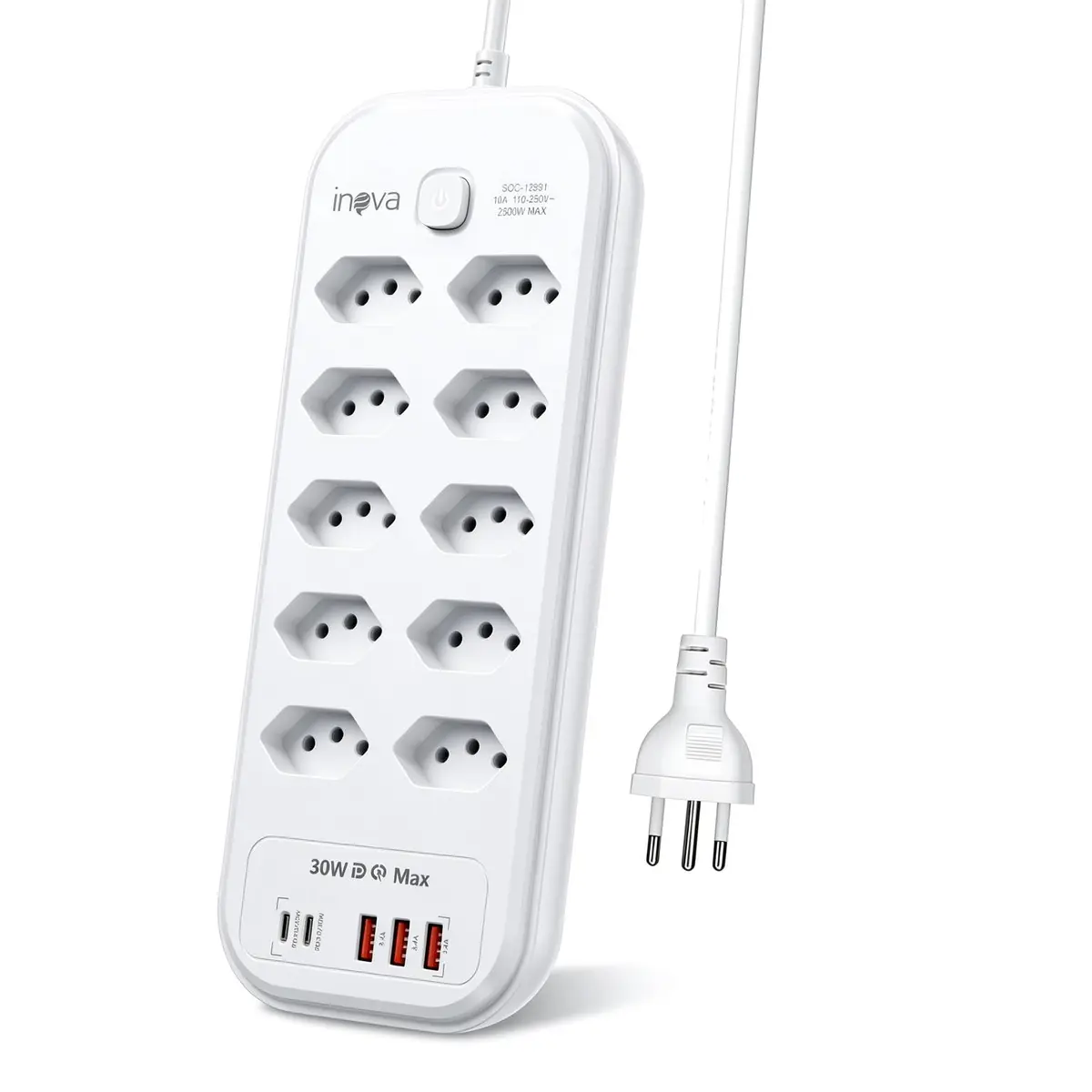 Filtro de Linha 8 Tomadas com 3 USB-A e 2 USB-C PD 30W, Régua de Energia 2500W 10A Bivolt 110V-250V, Proteção contra Sobrecarga, Cabo 2 Metros, Interruptor com LED Azul