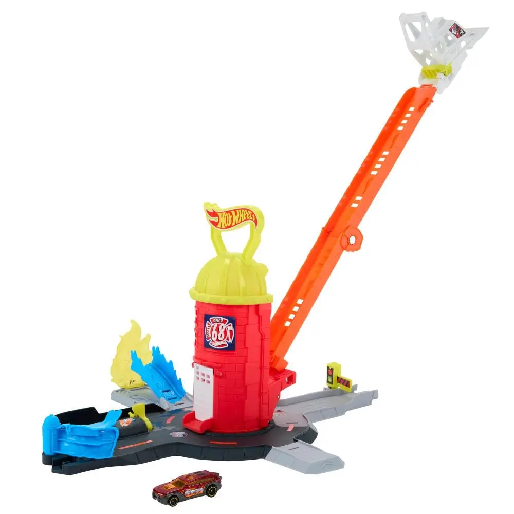 Kit Pista Hot Wheels City Corpo de Bombeiros Mattel 4 Anos ou Mais | Ladder-Track estende 40,6 cm e tem 4 saídas diferentes, fácil armazenamento, inclui caminhão escala 1:64