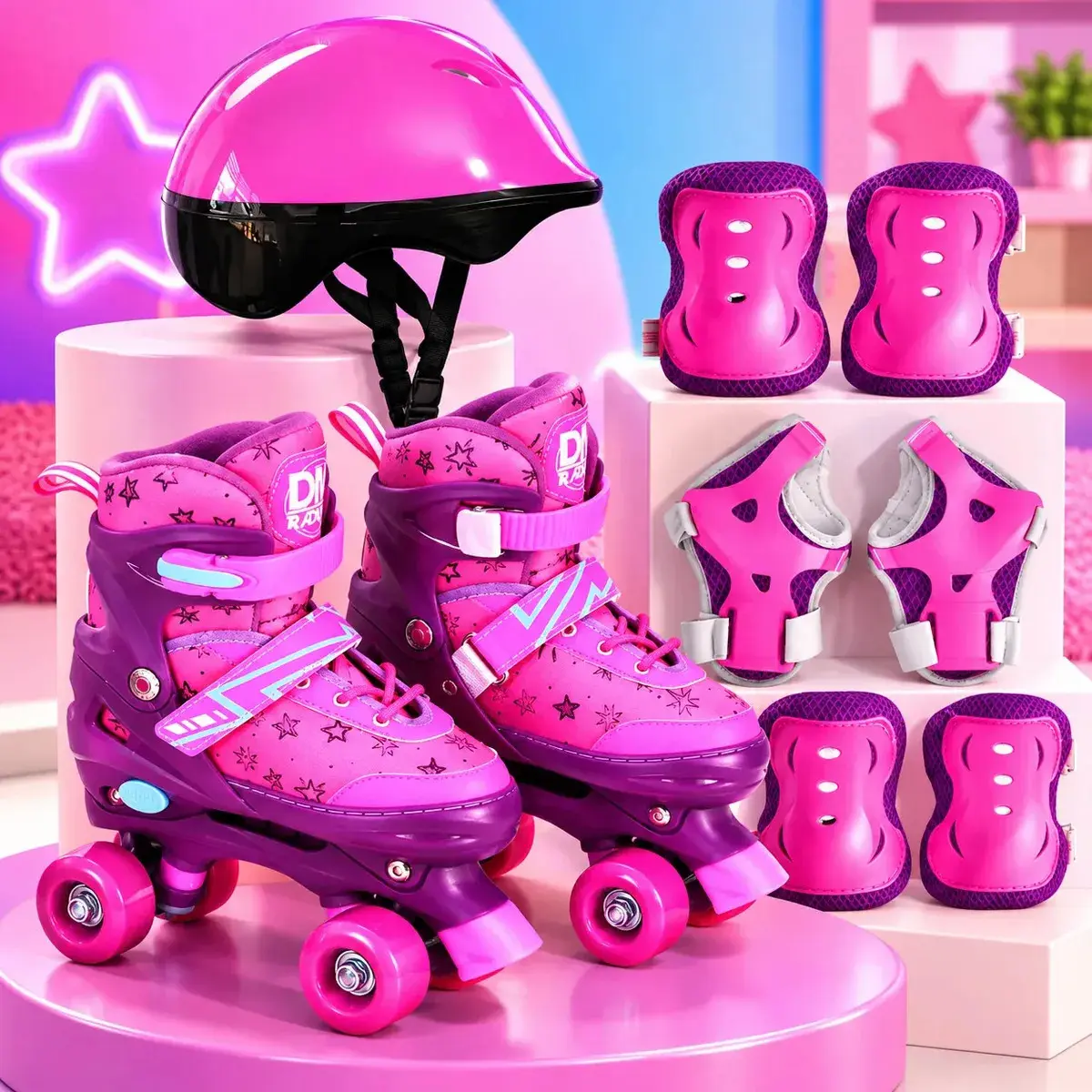Patins Roller Quad Infantil 4 Rodas Ajustável + Kit Proteção Cor Rosa Tamanho Dos Patins 30-33