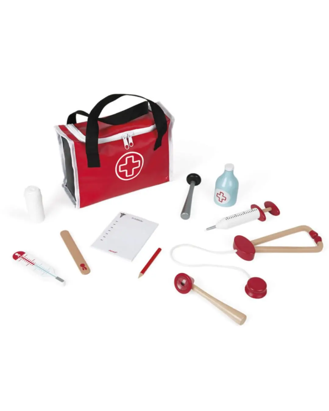Maleta Kit Médico Madeira, 11 Peças, Vermelho, +3 Anos