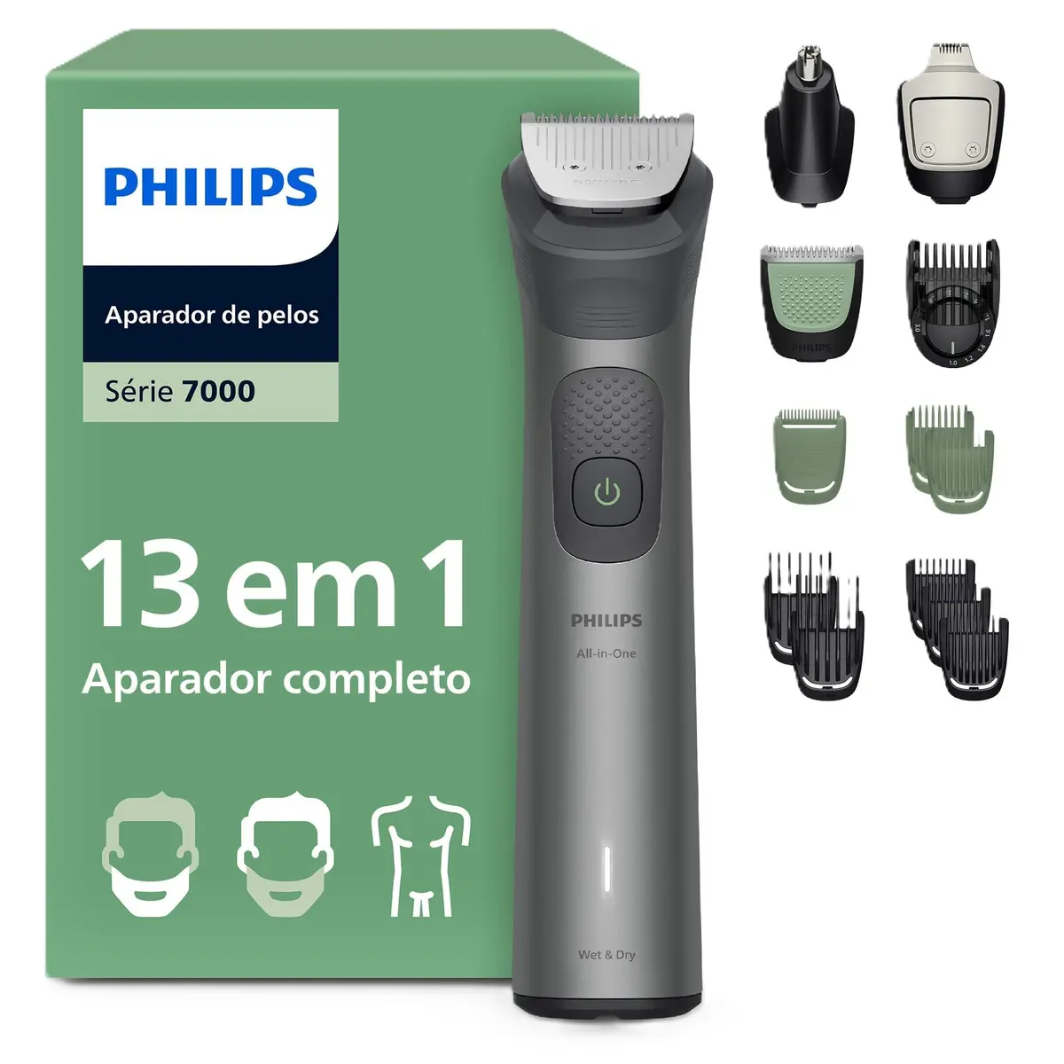 Philips Aparador e Barbeador Elétrico Série 7000 All-in-One 13 em 1 Premium | Versatilidade para cuidar do visual completo | Rosto, cabelo e corpo | 120 min sem fio | 100% À prova d'agua | MG7922/15