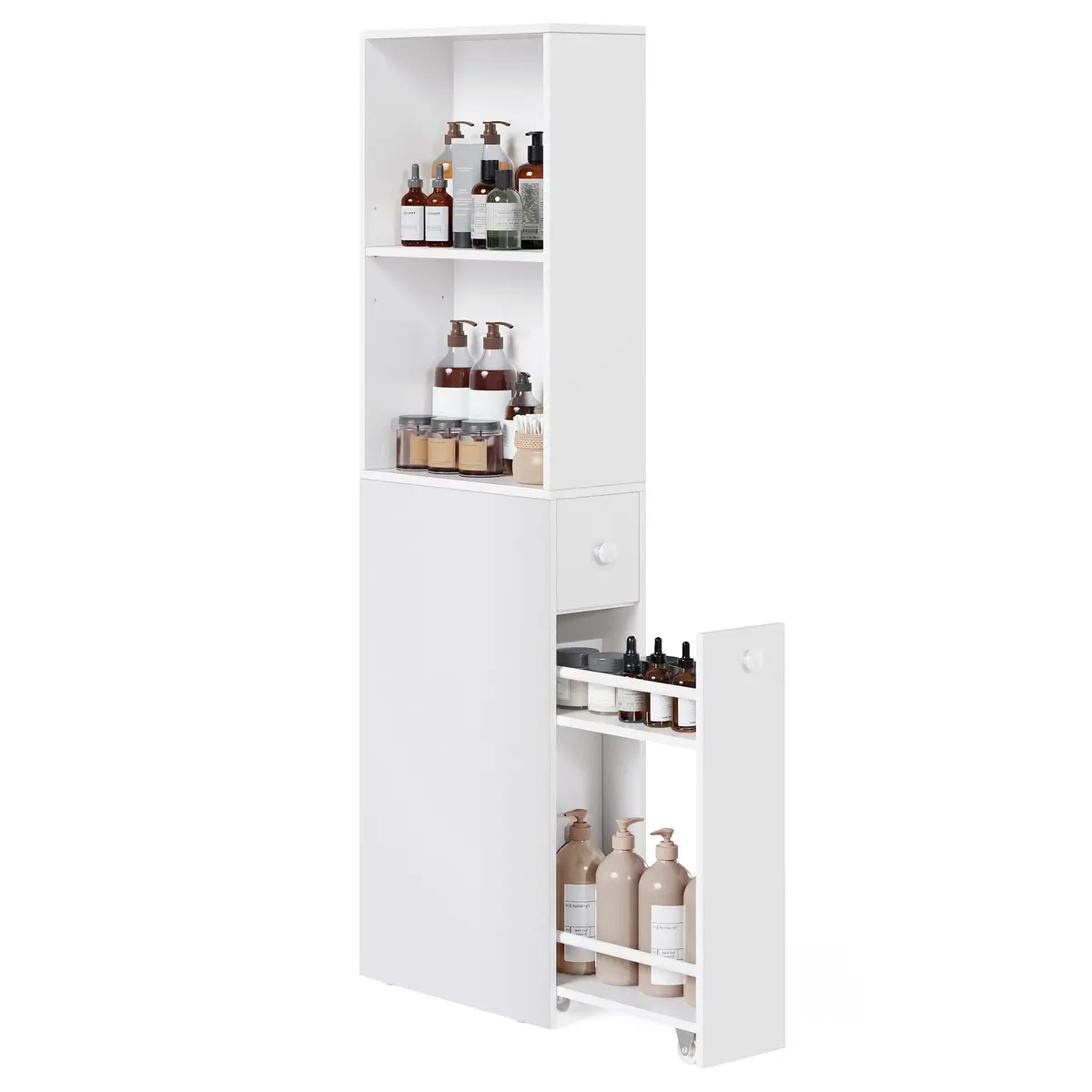 VASAGLE Armário Estreito de Armazenamento, Gabinete Independente com Gavetas e Prateleira Ajustável, Torre Moderna para Sala de Estar, Banheiro, Quarto, Branco BRBBK567T14