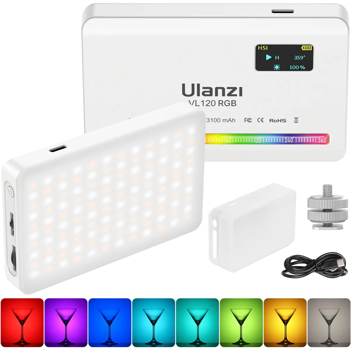 ULANZI VL120 RGB LUZ DE VÍDEO, Luz LED de Câmera Portátil, Bateria 3100mAh Recarregável, 360 Cores 20 Efeitos, CRI≥95 2500-9000K Painéis LED para Fotografia e Vlogging -Branco