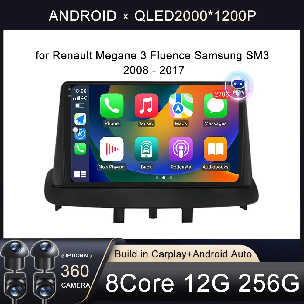 Android 16 para Renault Megane 3 Fluence Samsung SM3 2008 - 2017 Reprodutor Multimídia DSP CarPlay GPS Rádio de Carro - 1