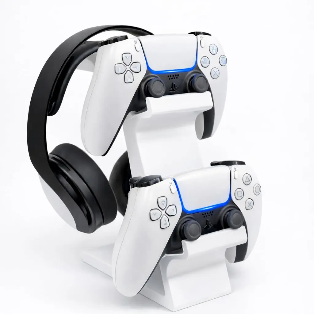 Suporte Triplo Universal para Joystick e Headset de Mesa, Jogos, Organizador, Decorativo, Gamer, Ps5, Ps4, Xbox, Pc, Notebook, Manete, Videogame, Console, Controle, Minimalista TimeClick (Branco)
