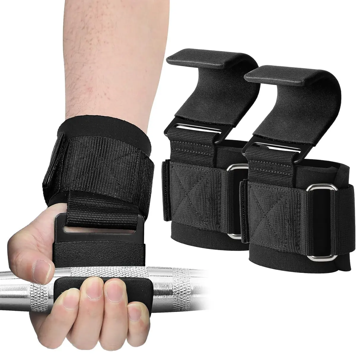 Gancho de Aço para Musculação, Suportes para Pulso, Straps Reforçados para Levantamento de Peso, Munhequeira Dupla, Preto