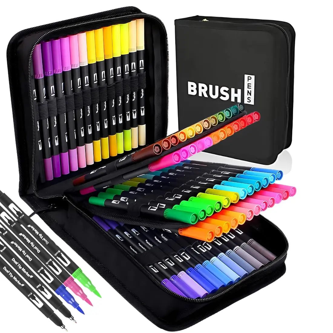 Canetas Brush Pen 80 Cores Ponta Dupla Fina e Pincel Base Água | Ponta fina 0,4mm e pincel 1–2mm, para colorir, desenhar, ilustrar, lettering e papelaria criativa