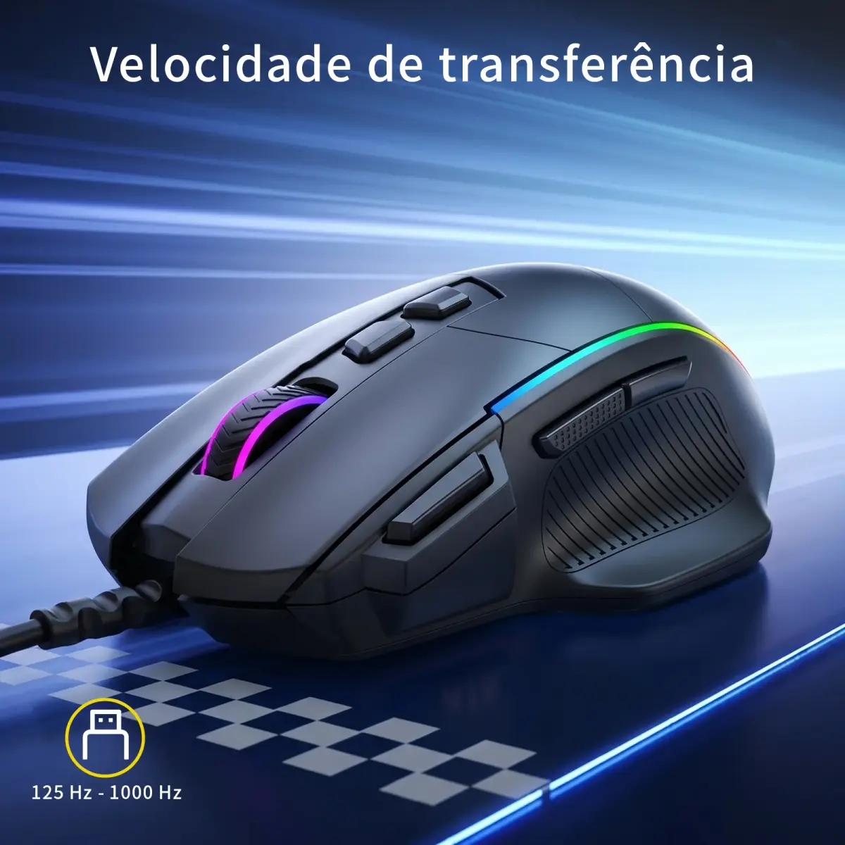 Mouse Gamer com Fio, 5 Botoes Laterais Programaveis, Luz RGB Dinamica, DPI 12400 Ajustavel, Ergonômico, Cabo 1.8m, USB PC