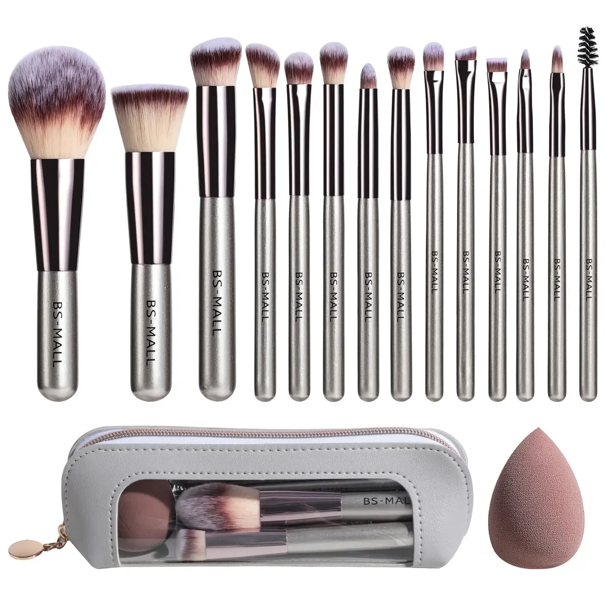 BS-MALL Conjunto de Pincéis de Maquiagem – 14 Peças com Estoque Premium para Base Sintética, Corretivos em Pó, Sombras e Blush – Inclui Esponja e Estojo Prático para Viagem