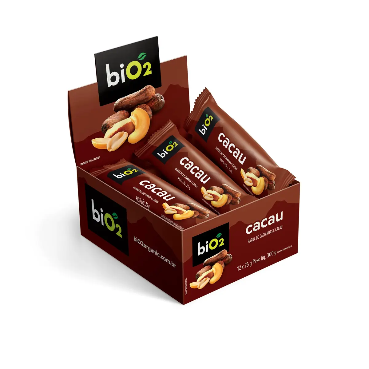 Barra de Castanhas e Frutas biO2 Nuts Cacau, Caixa com 12 unidades de 25 g, Vegana e sem Glúten