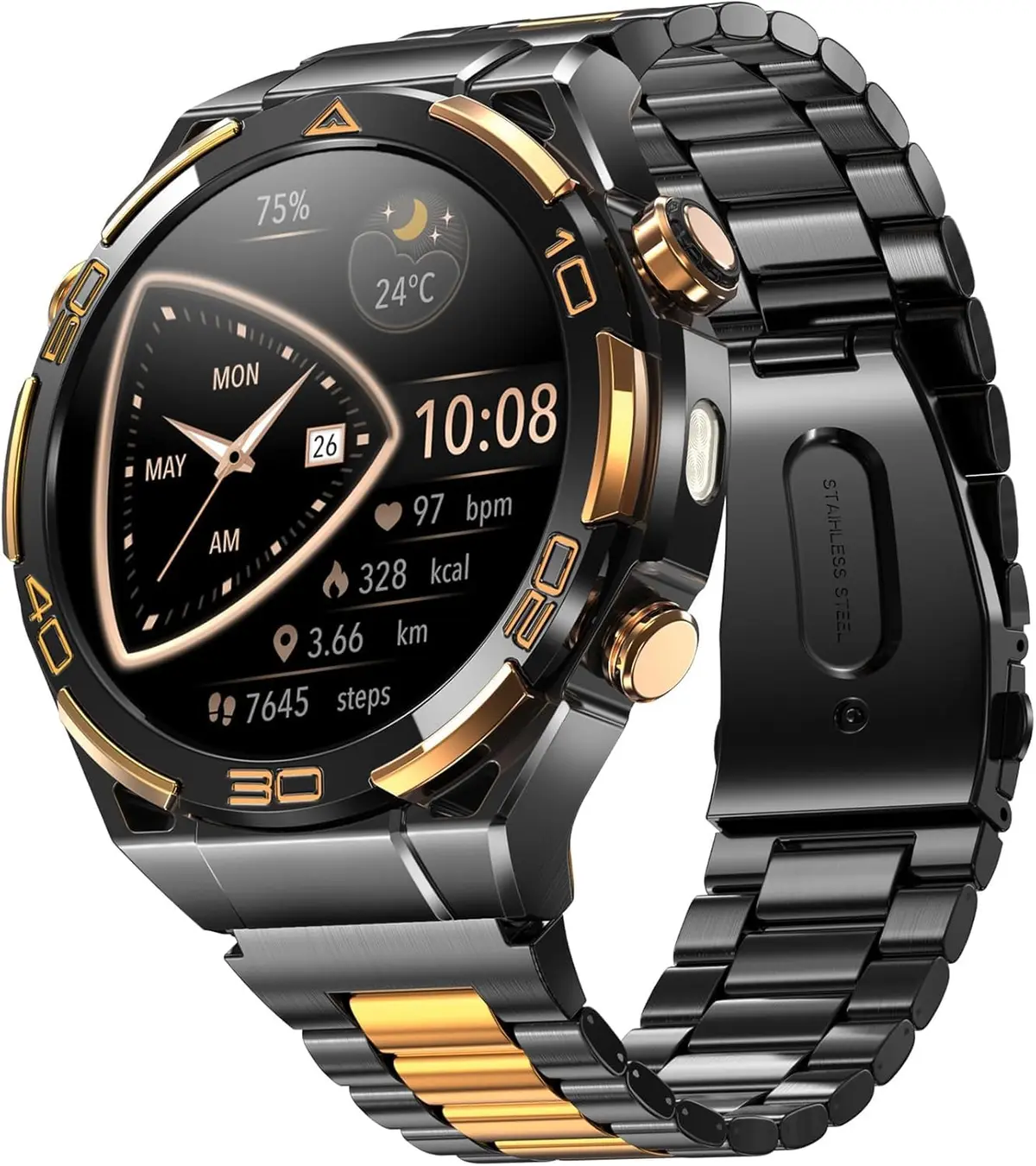 IOWODO Smartwatch Flagship - Detalhes em Ouro 14K, GPS, Bússola, Chamadas Bluetooth, AI com ChatGPT, 100+ Modos Esportivos, Monitor de Passos/Calorias - Android/iOS