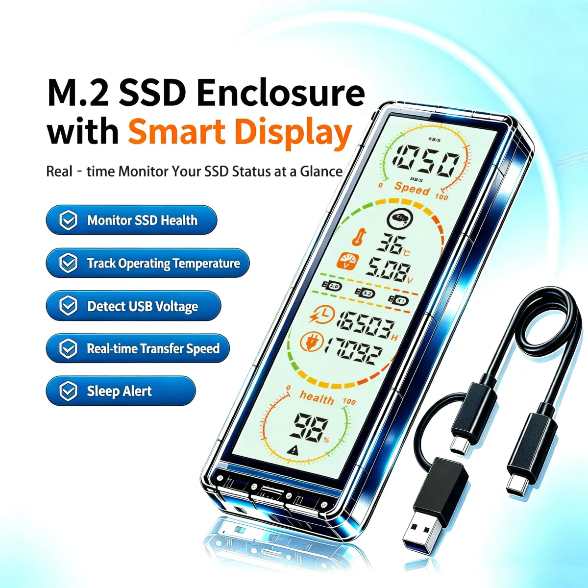 Gabinete para SSD M.2 Transparente com Tela Inteligente, Case Externo USB‑C USB3.2 Gen2 10Gbps, Compatível NVMe SATA M‑Key B+M‑Key