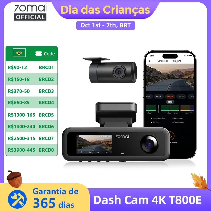 Câmera Veicular 70mai T800E 4K HDR com 3 Canais, Abertura F1.55, Supercapacitor, Controle por Voz, GPS, DVR Automotivo, WiFi 6 5GHz