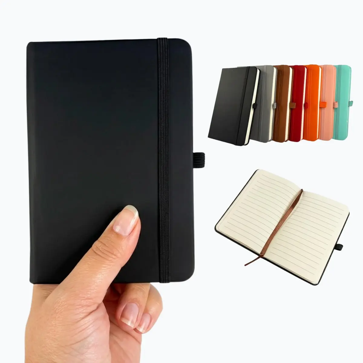 Caderno A6 Com Pauta 80 Folhas 80g Caderneta 10x15 com Suporte Para Caneta Capa Dura Emborrachada - Preto
