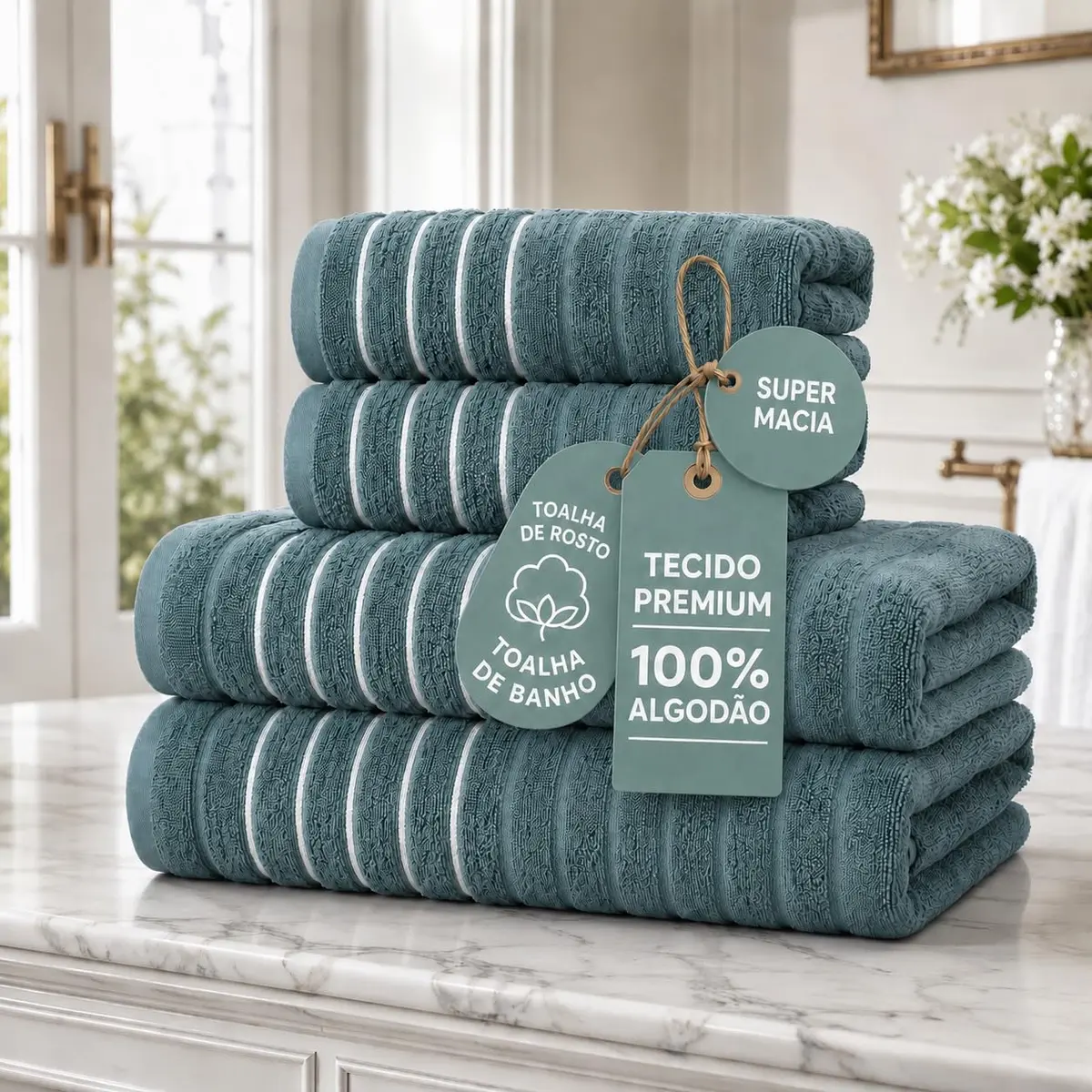 Kit Jogo de Toalhas de Banho e Rosto 4 Peças Banhão 500g/m² Azul | Algodão fio penteado, toque de hotel 5 estrelas, absorção superior, costura reforçada, 4 cores, uso residencial e comercial