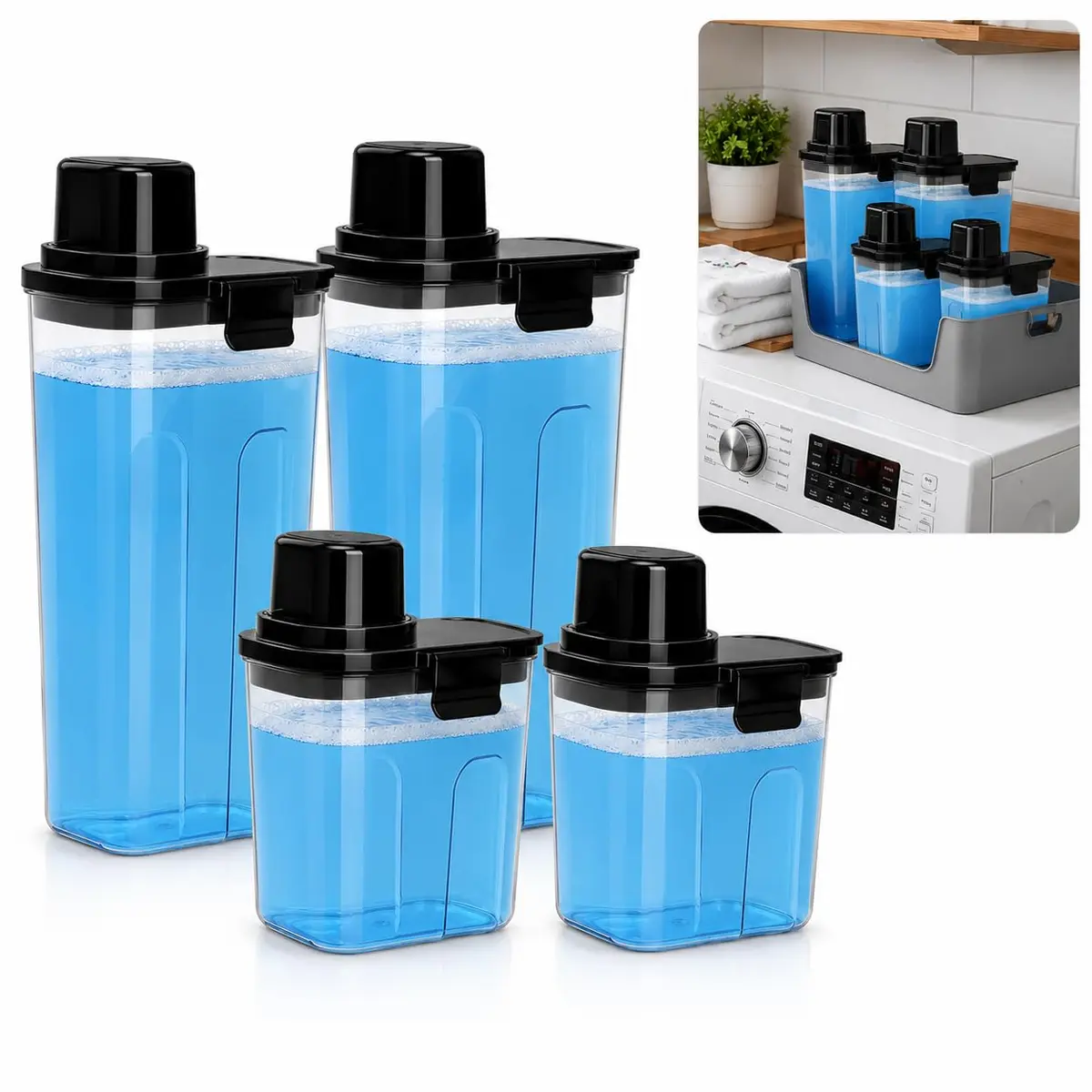 Kit Organizador de Lavanderia com 4 Dispenser Hermético BPA Free para Sabão Líquido, Sabão em Pó, Amaciante, Detergente e Produtos de Limpeza – Alta Capacidade 1,6L e 2,4L - Preto - 1