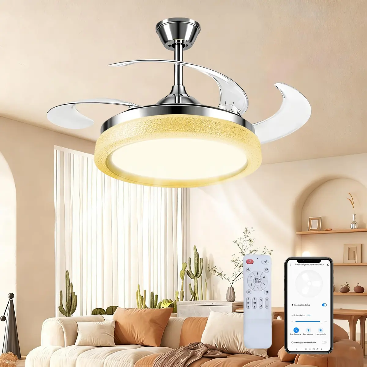 Hivento Ventilador de Teto Retrátil 106 cm com Luz LED, Controle Remoto e App, 6 Velocidades, Regulável, Reversível e com Timer, Design Luxuoso, Ventilador para Sala de Estar e Quarto, 110/220v