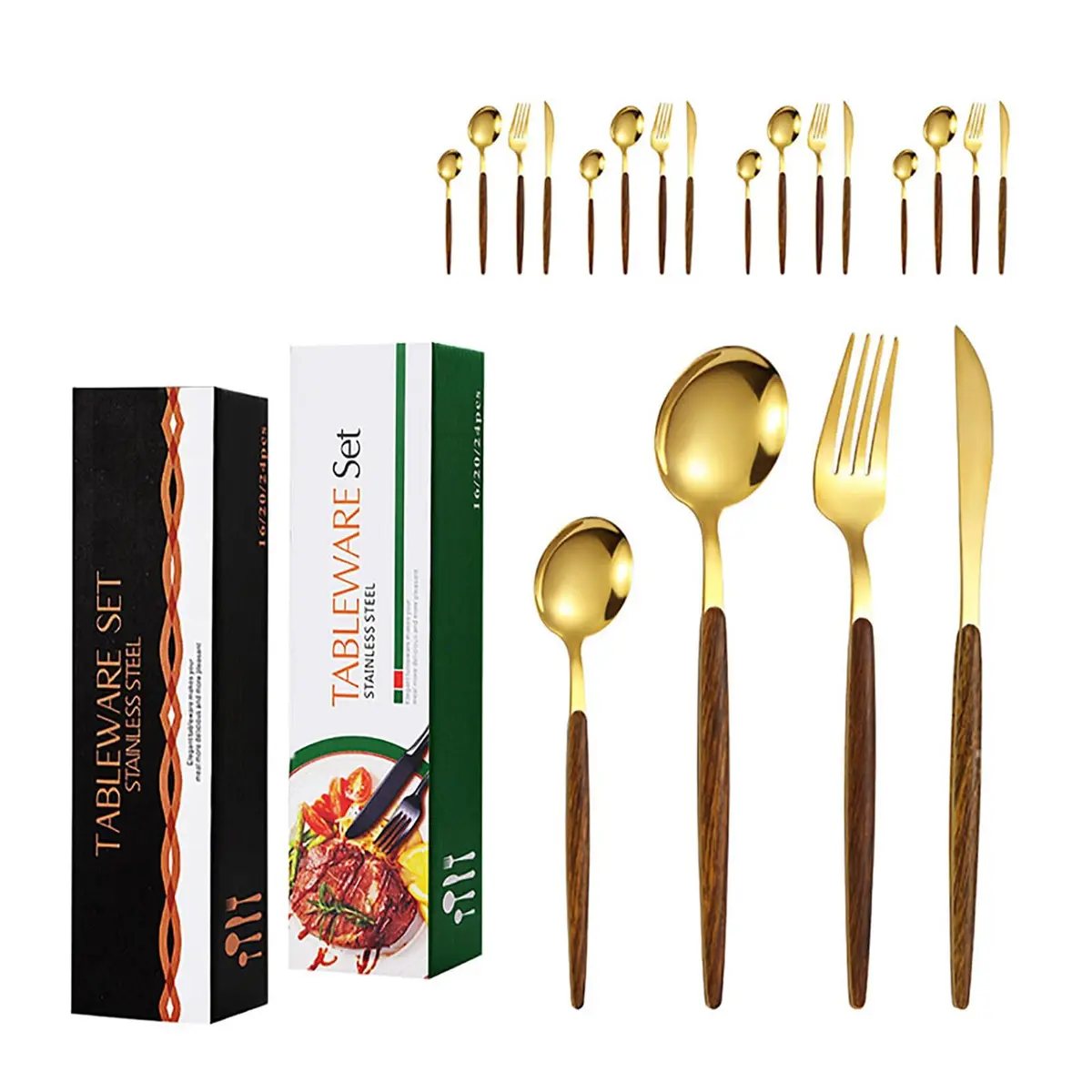AUXOM Faqueiro 24 Peças em Aço Inox 430 - Jogo de Talheres Premium com Caixa Litografada, Alças de Madeira e Polido de faca e garfo Conjunto para Mesa Posta e Utensílios de Casa/Restaurante (Dourado)