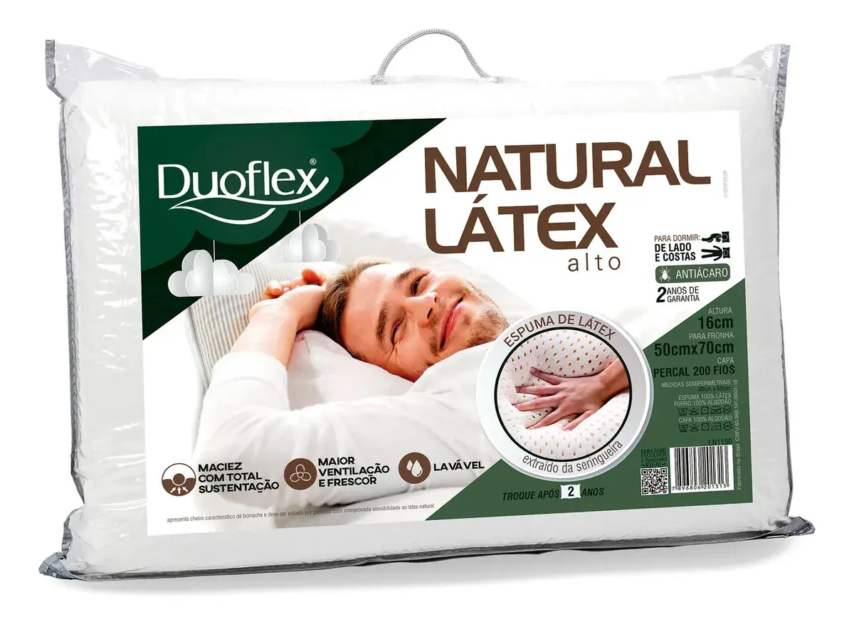 Travesseiro Látex Alto Duoflex Altura 16cm Lavável Antiácaro Bege - 1