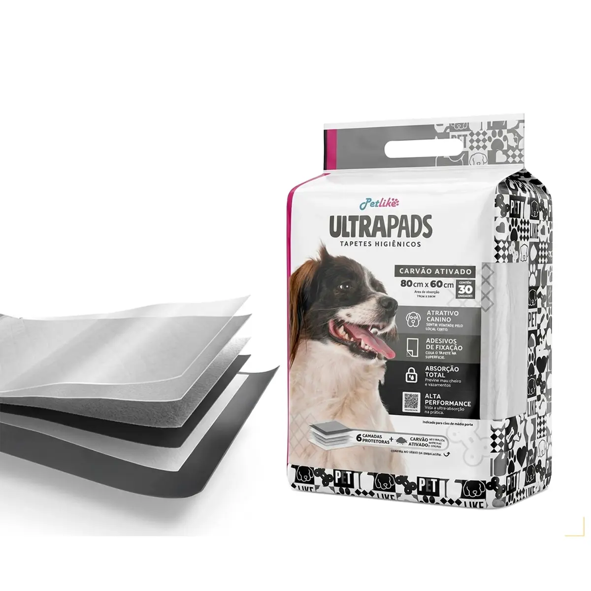 Tapete Higiênico Premium para cães Petlike Ultrapads Carvão Ativado 80cmx60cm 30 unid.
