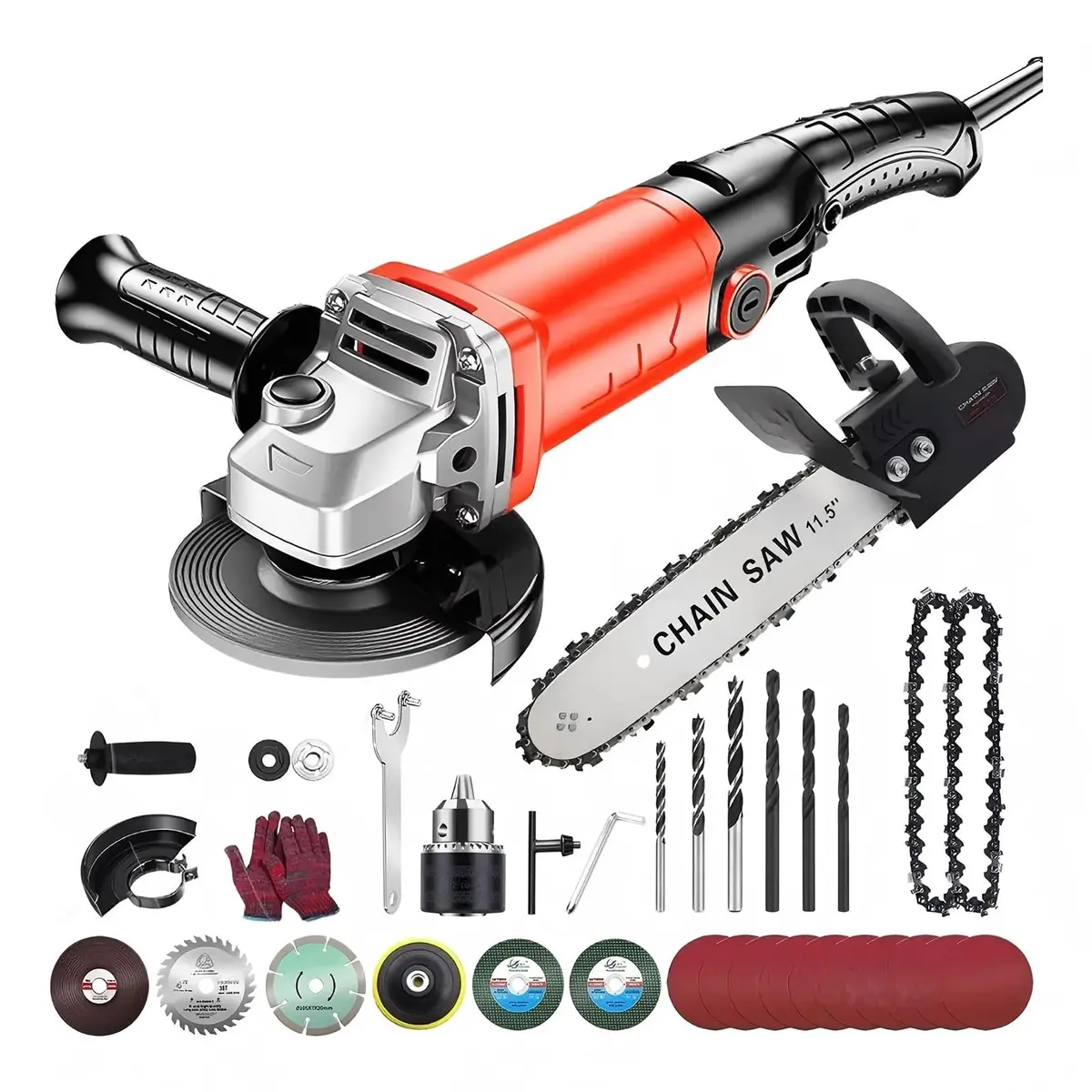 Esmerilhadeira Angular 3 em 1 710W, Kit com Motosserra e Furadeira, 27 Peças com Acessórios para Corte, Lixamento e Polimento - Ferramenta Multifuncional para Oficina e Obras, 220V - 1