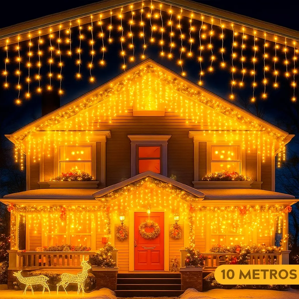 KIT CASCATA DE LUZ 400 LEDs 8 FUNÇÕES BRANCO QUENTE 110V OU 220V NATAL