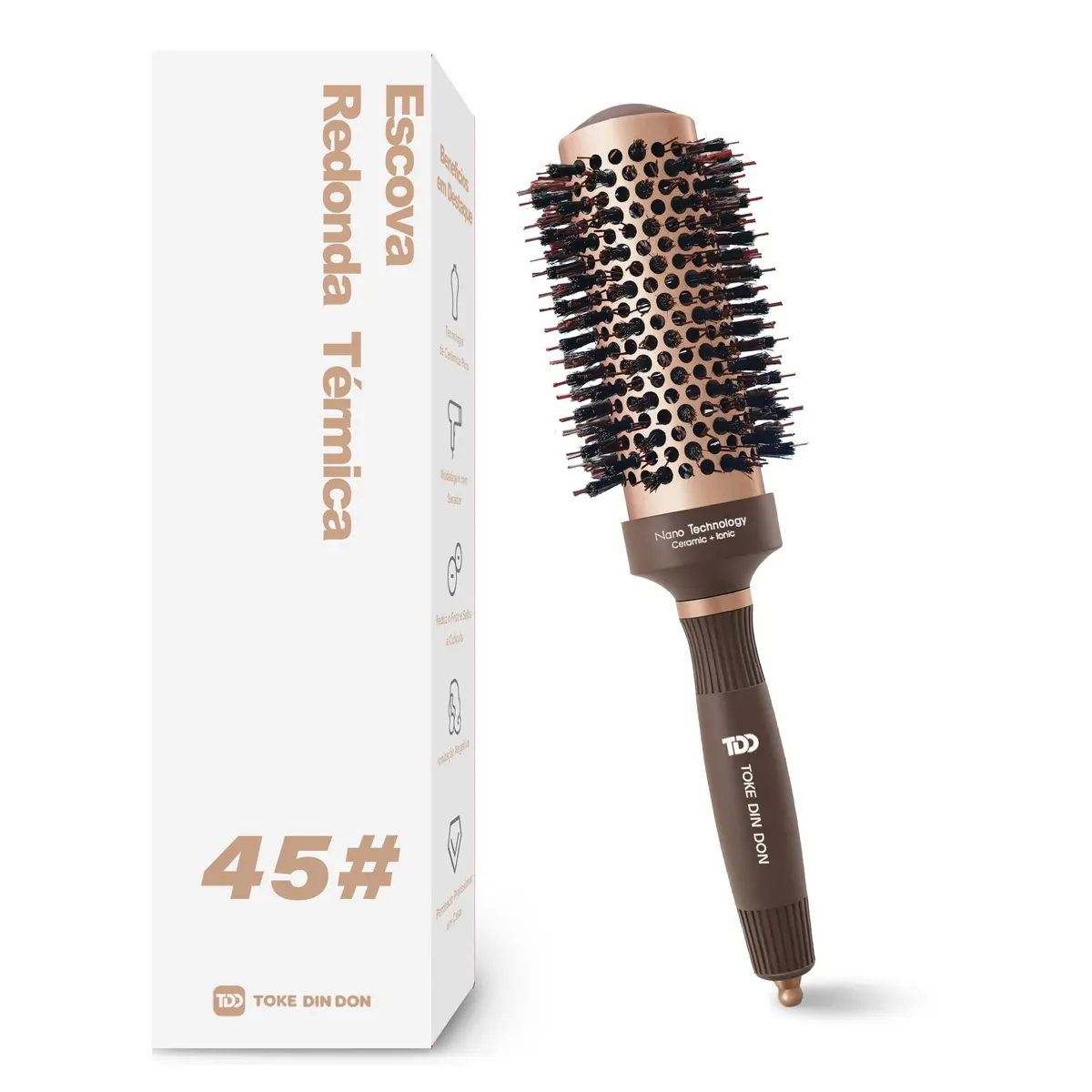 TOKE DIN DON Escova Redonda Modeladora Térmica Vazada Cerdas de Javali 45mm | para Uso com Secador, Cerâmica e Tecnologia Iônica, 72 mm Externo, com Ponta Separadora, Cabelos Grossos, Volume e Brilho