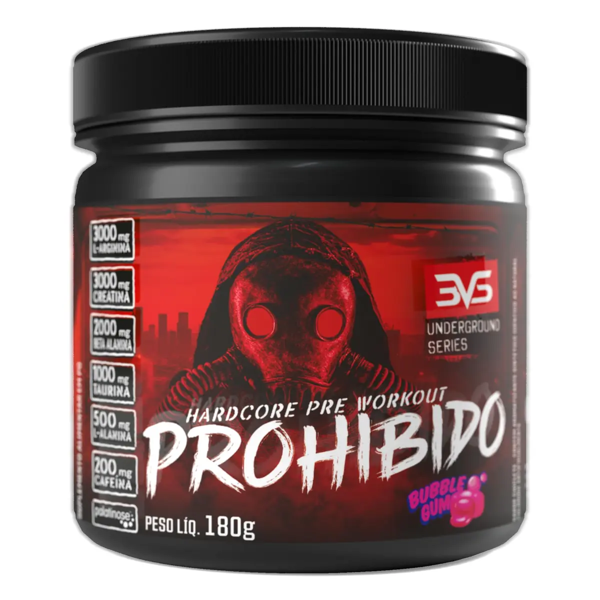Pré-Treino Prohibido Chiclete 180g 3VS Nutrition | Hardcore Underground Cafeína 200mg por Dose + Beta Alanina + Creatina