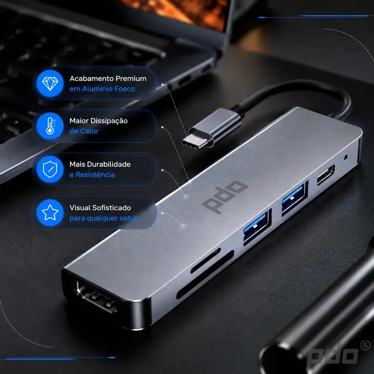 Hub USB-C 6 em 1 PDO com HDMI 4K e 3 Portas USB para Notebook, MacBook e iPad thumbnail 2