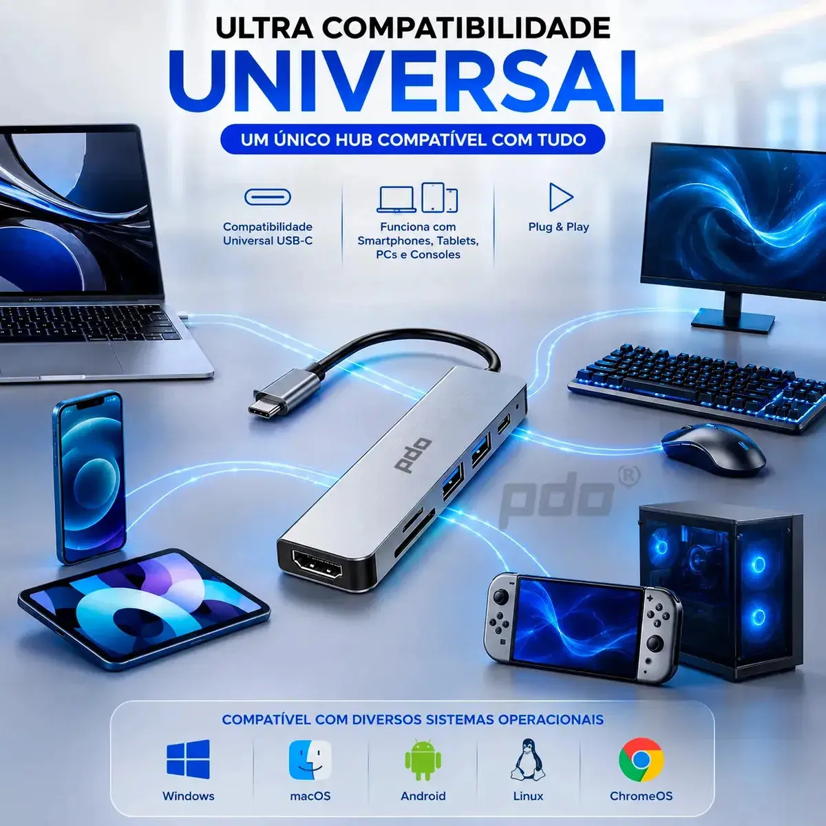 Hub USB-C 6 em 1 PDO com HDMI 4K e 3 Portas USB para Notebook, MacBook e iPad thumbnail 3