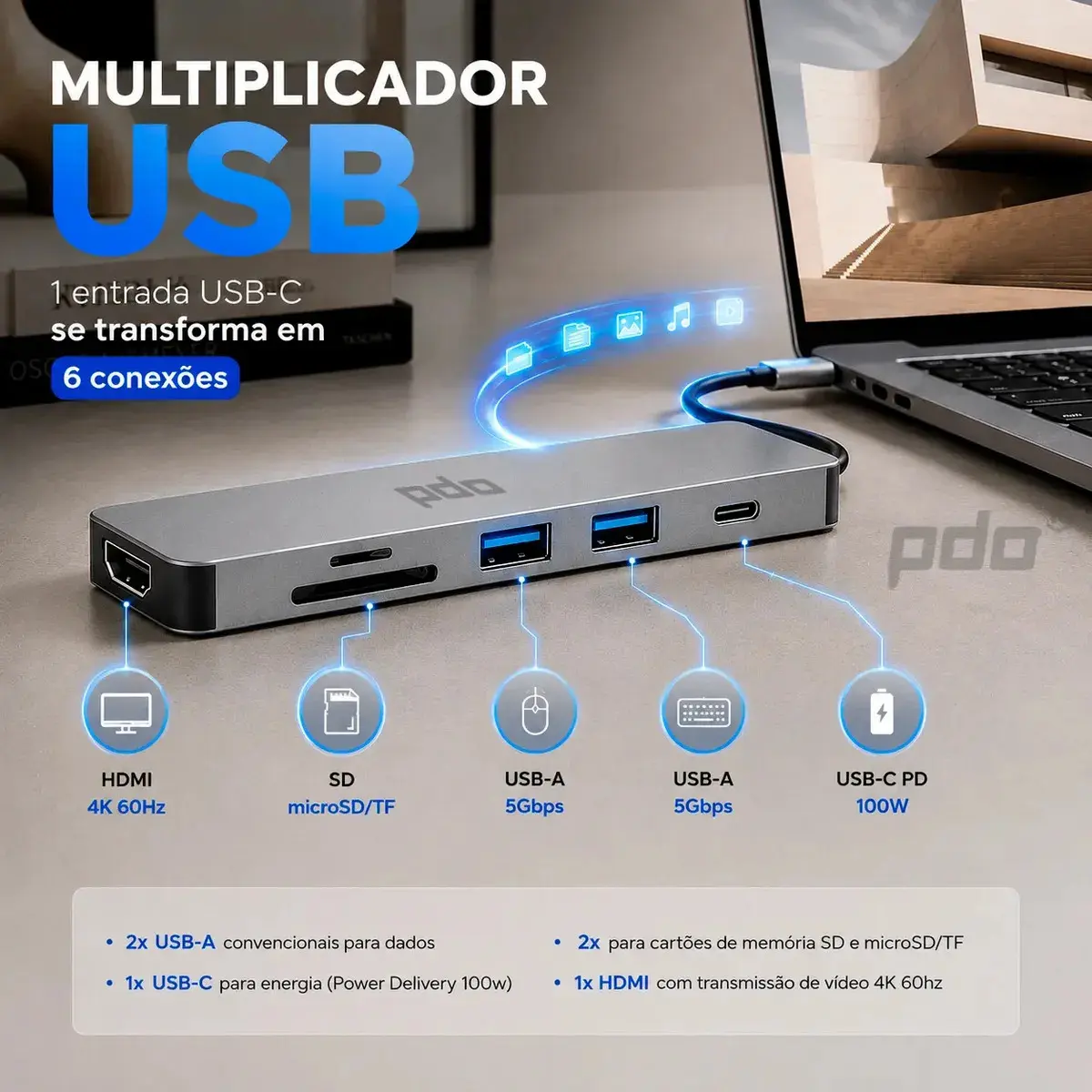 Hub USB-C 6 em 1 PDO com HDMI 4K e 3 Portas USB para Notebook, MacBook e iPad thumbnail 4