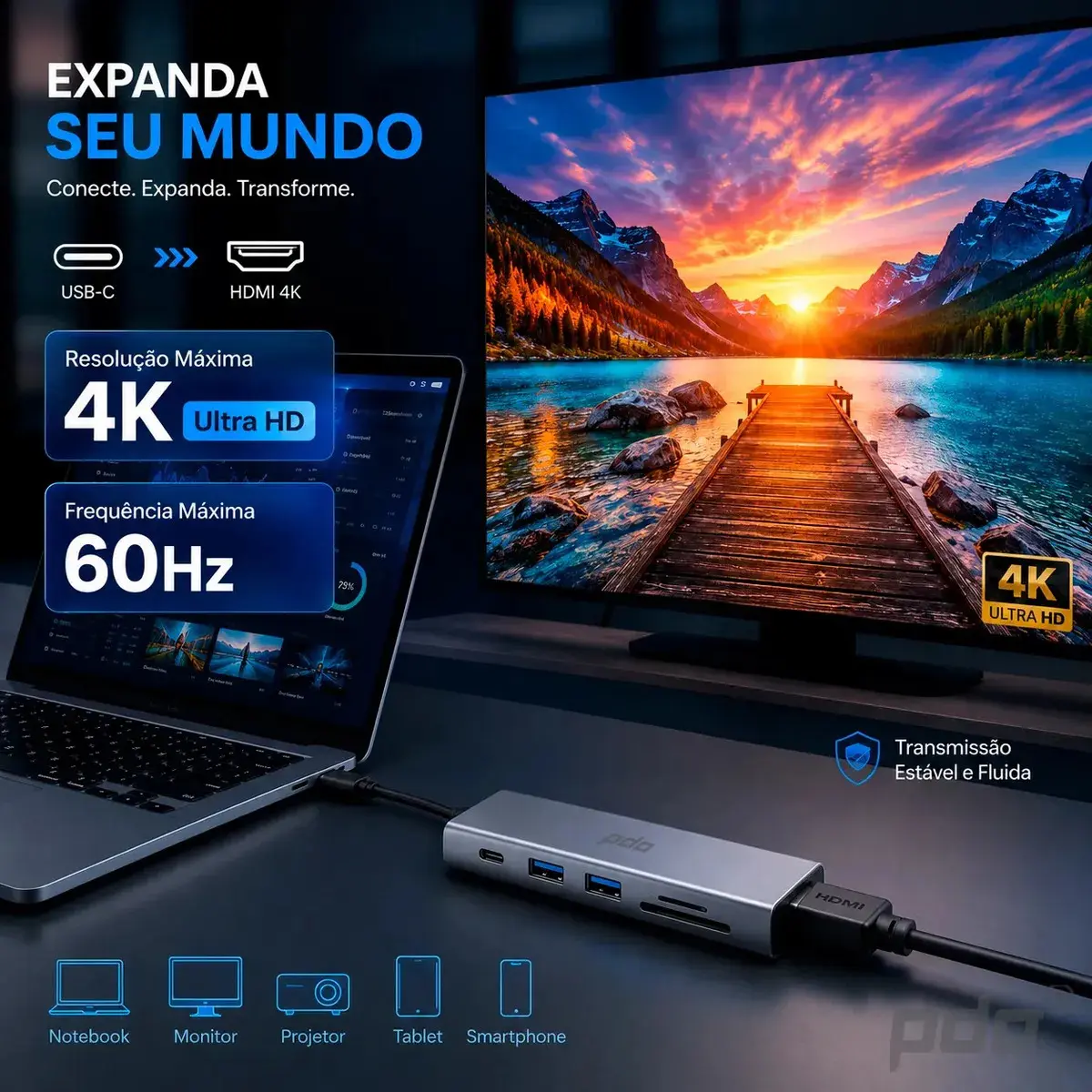 Hub USB-C 6 em 1 PDO com HDMI 4K e 3 Portas USB para Notebook, MacBook e iPad thumbnail 5