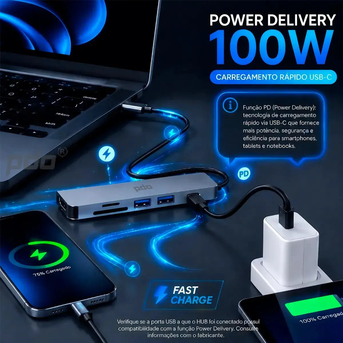 Hub USB-C 6 em 1 PDO com HDMI 4K e 3 Portas USB para Notebook, MacBook e iPad thumbnail 6