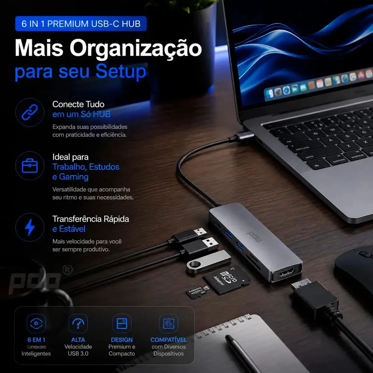 Hub USB-C 6 em 1 PDO com HDMI 4K e 3 Portas USB para Notebook, MacBook e iPad thumbnail 8