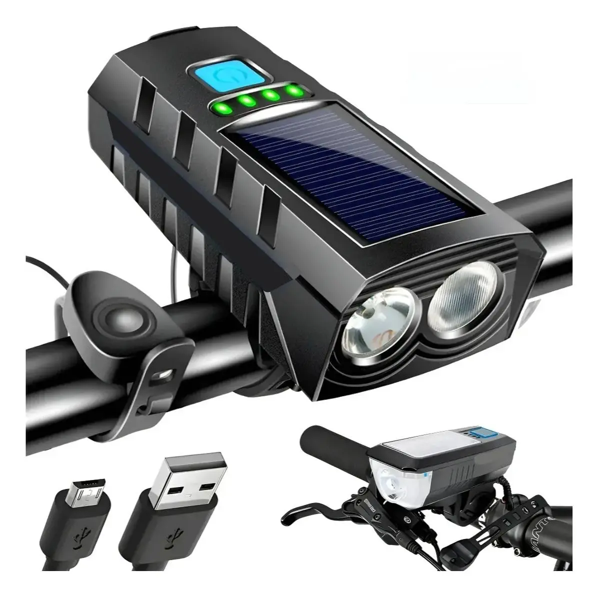 Lanterna de Bike com Buzina Recarregável USB e Solar, Farol LED Dianteiro para Bicicleta, Luz de Segurança para Pedal, Ciclismo Noturno, Guidão, MTB, Passeio e Uso Urbano, Acessório Completo e Prático