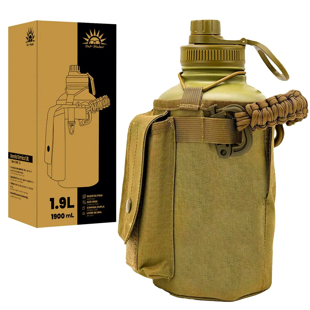 1.9L Garrafa Térmica De Aço Inoxidável Isolamento A Vácuo | com Bolsa e Alça Paracord - 1