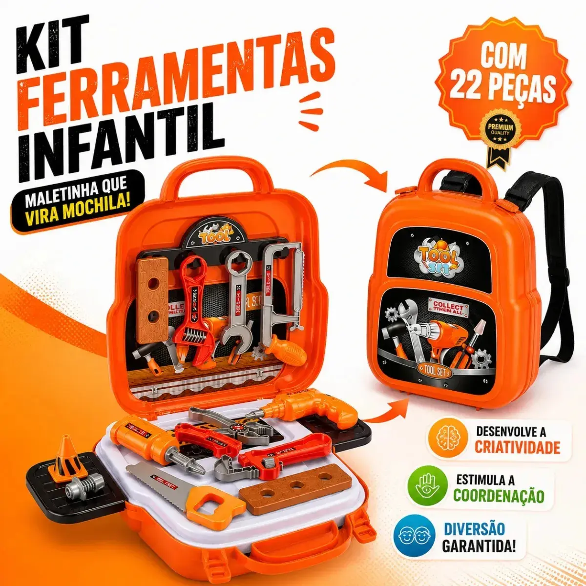Kit Ferramentas Infantil 3 em 1 Pratitudo Toys com 22 Peças – Vira Mochila e Bancada - 1