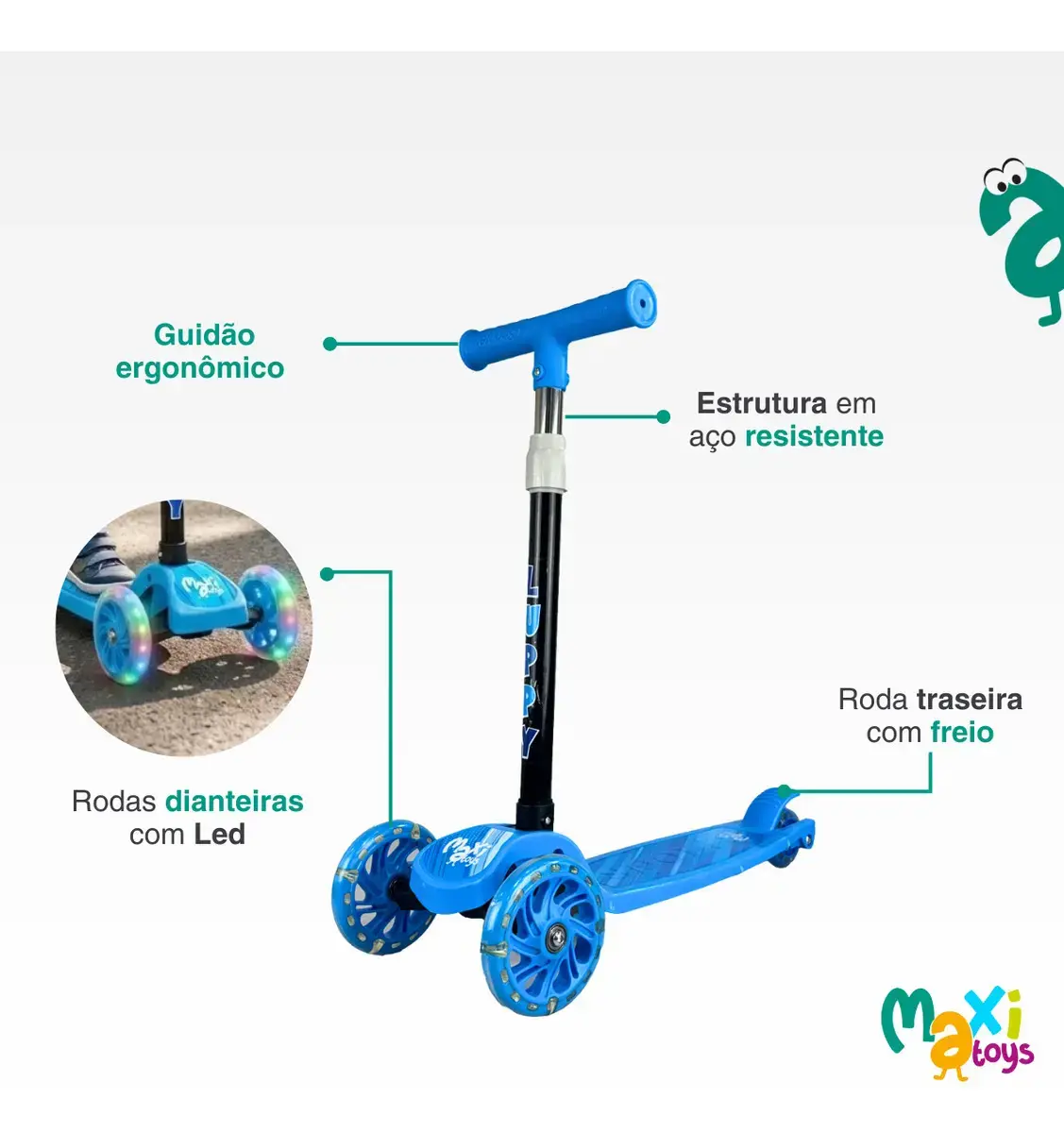Patinete Infantil 3 Rodas Led Dobrável Luppy Azul Maxi Toys thumbnail 3