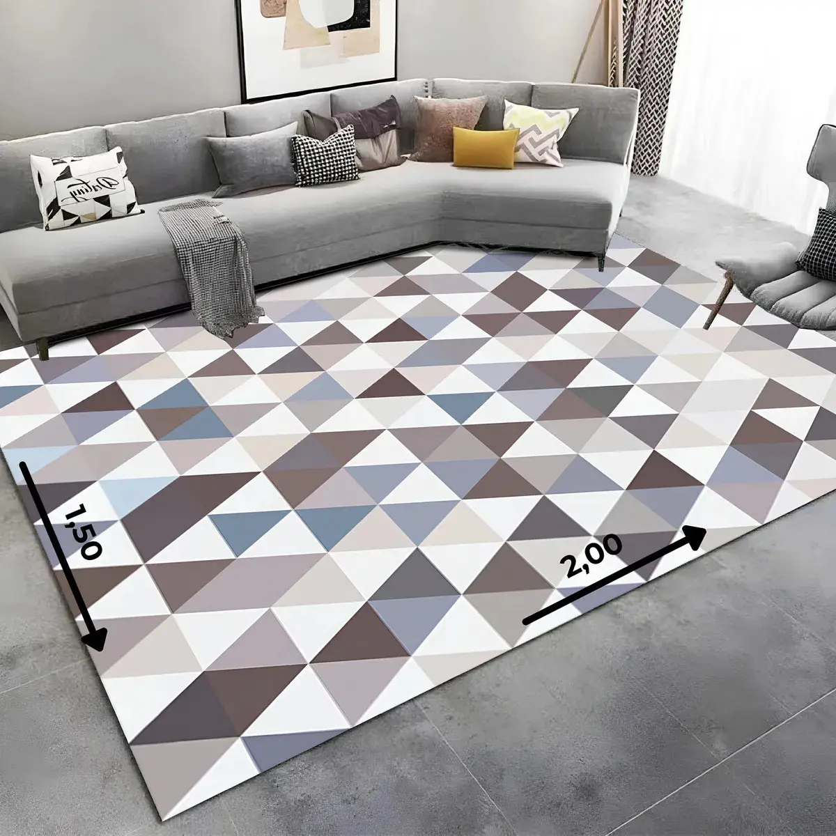 Tapete Belga Geométrico para Sala e Quarto, Cinza – 2,00m x 1,40m Antiderrapante, da Casa Laura Enxovais